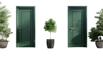 Green single door with tropical potted plant isolated on transparent background. Interior design concept.