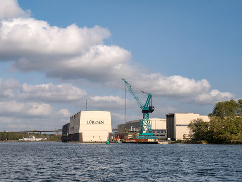 Drydock of shipyard Luerssen along Kiel Canal, Schleswig-Holstein, Germany
