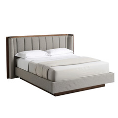 Modern Kingsize brown and grey sleeping bed with grey bed linen on the transparent background