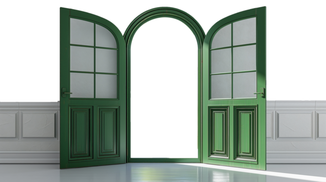 Modern green open door isolated on transparent background. Interior design concept.