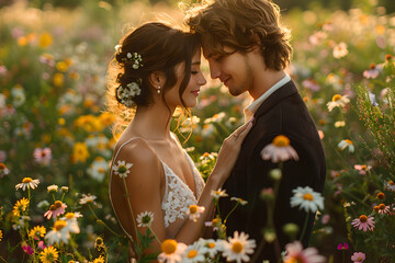 Romantic newlywed couple embracing in blooming flower field - Powered by Adobe