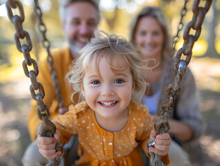 Smiling blonde little girl on swing in autumn park