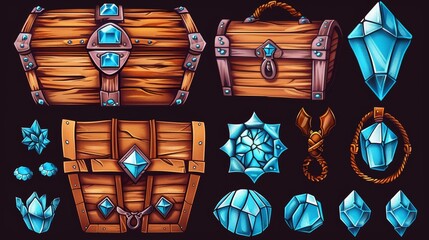 Symbols for trophies, levels, pirate loot, fantasy assets, gui elements, and wooden trunks and sacks with gem stones. Cartoon modern illustration, set. - obrazy, fototapety, plakaty