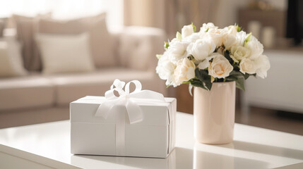 Fototapeta premium Simple and elegant white gift box with a vase of white roses