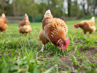 Free-range chickens foraging in a green pasture