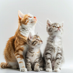Three kittens looking up curiously with a bright background