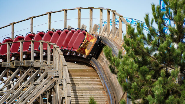 Train of the wooden roller coaster "Wodan Timburcoaster" in the theme park "Europa-Park"