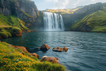 Majestic waterfall cascading into serene pond surrounded by green cliffs and wildflowers.