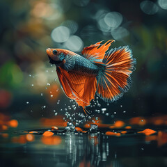 Betta fish leaping in the air with water droplets around, vibrant orange fins.