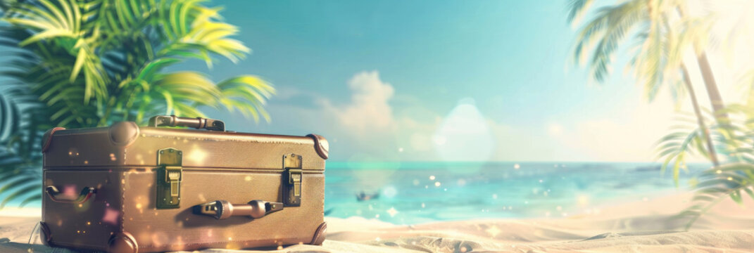 A suitcase is open on a beach with a palm tree in the background by AI generated image