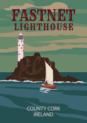 Travel retro poster Fastnet Lighthouse Cape Clear West Cork Ireland