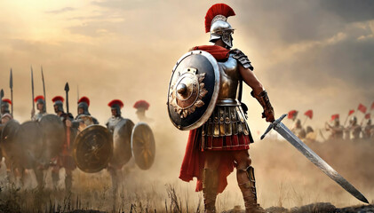 Roman male legionary (legionaries) wear helmet with crest, gladius sword and a scutum shield, heavy infantryman, soldiers on battlefield of the army of the Roman Empire, on Rome empire background.