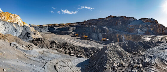 Close-up wide shot, open pit cobalt mine with dump trucks on sunny day, bright, natural light