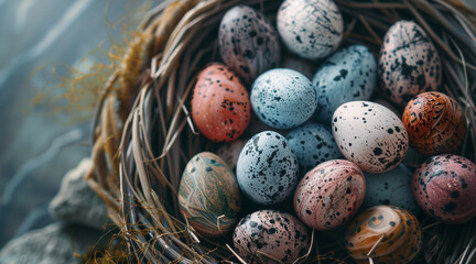 Obraz premium Colored eggs in a nest, Easter holiday 