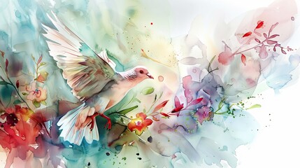 Ethereal Dove in Flight Over Watercolor Floral Backdrop Generative AI - obrazy, fototapety, plakaty