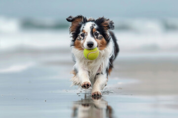 Adorable purebred pet dog with tennis ball in mouth looking at camera while running with reflection on wet sandy beach near blurred waving sea - 781393794