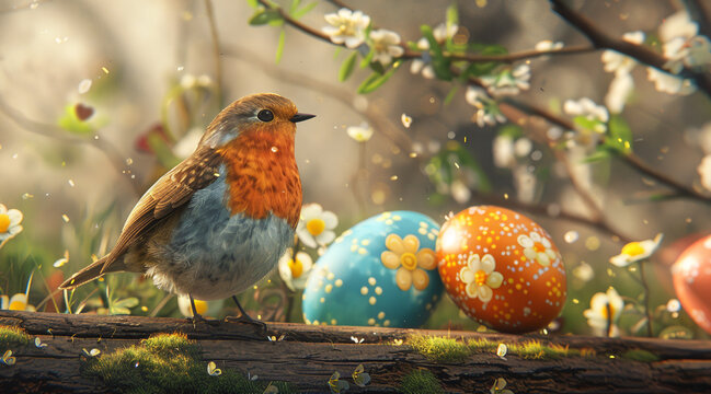Bird sitting on a colored easter eggs 
