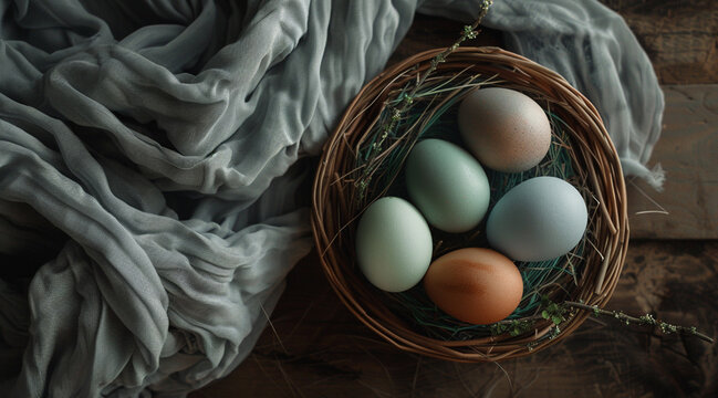 Colored eggs in a nest, Easter holiday 
