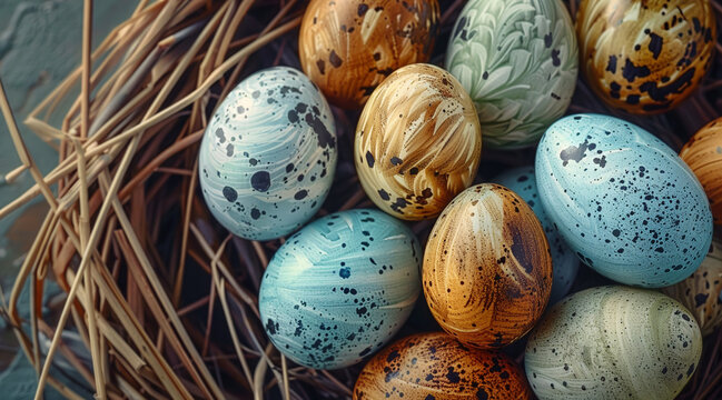 Colored eggs in a nest, Easter holiday 