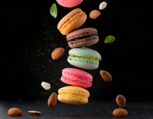 Various colorful of macarons floating on the air - obrazy, fototapety, plakaty
