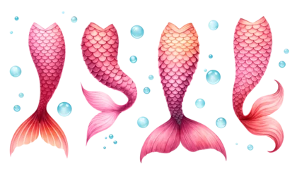 Papier Peint photo Lavable Vie marine Set of Colorful Mermaid Tails with Water Bubbles, Ocean Fantasy Theme - Digital Scrapbooking, Party Invitation Design
