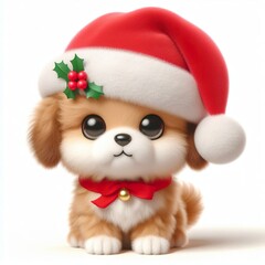 cute puppy wearing Christmas Santa Claus hat, kawaii