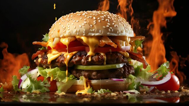 Delicious juicy burger with meat beef cutlets and cheese with greens with sesame seed buns. Fast food