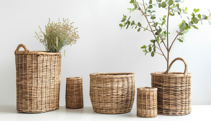 Set of stylish rattan baskets on white background - obrazy, fototapety, plakaty