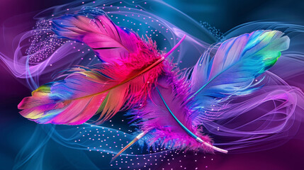 Bright fantasy feathers in magical whimsical swirl of neon light. Artistic concept