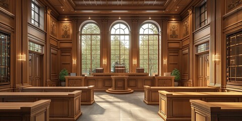 The grandeur of the courtroom architecture, embodying the essence of the legal system and justice.