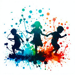 silhouette of children's playing in splashing color - 781395983