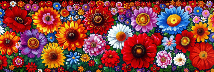 Vibrant Tapestry of Folk Art Flowers. Blooming Fiesta. Banner