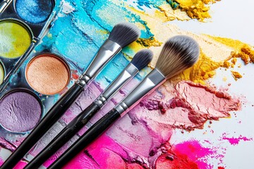 A palette of vibrant and colorful makeup with brushes . photo on white isolated background