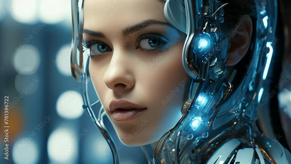 Poster connection of human woman and artificial intelligence robot. the concept of merging a person and a c