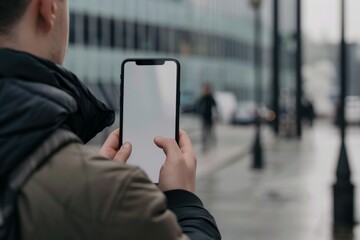 App preview over shoulder of a man holding an smartphone with a fully grey screen