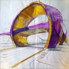 Architectural sketch of a futuristic violet and yellow bridge
