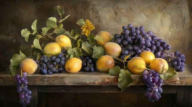 Atmospheric still life of violet and yellow fruit arrangement