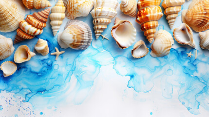 A vibrant collection of seashells set against blue watercolor backdrop.