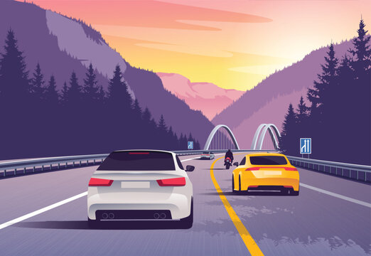 Vector illustration of a cars driving in the mountains at sunset
