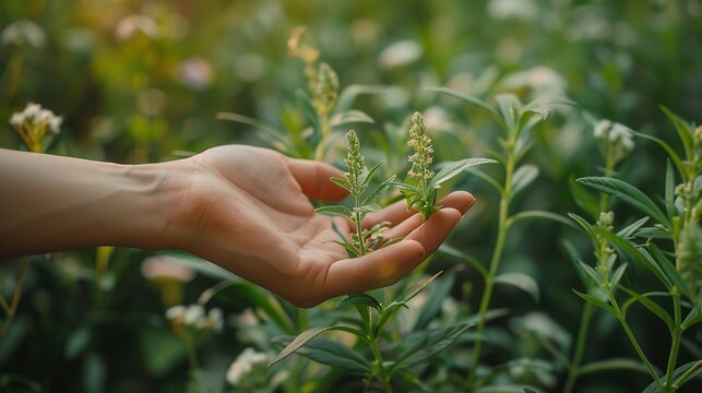 An ecologically sound nursery's green herbs garden encompasses the area where a lady agricultural individual is compiling mugwort, a relieving herb and space, Generative AI.