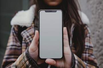 Screen display over shoulder of a girl holding an smartphone with an entirely grey screen