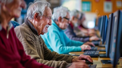 A group of senior citizens is gathered in a bright community center, engaging in a computer literacy class to enhance their digital skills, embodying the spirit of lifelong learning. - obrazy, fototapety, plakaty