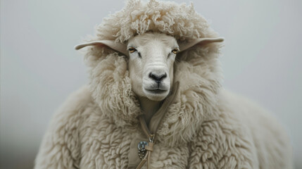 A sheep sitting on a pile of wool gazes at the camera
