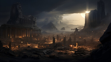 Ancient Temple City Panorama  Ancient ruins with futuristic elements integrated