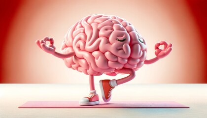 3D illustration of a smiling brain character performing yoga on a mat, concept for mental health care
