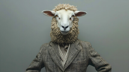 A sheep sitting on a pile of wool gazes at the camera