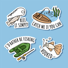 Doodle set of stickers about fishing isolated. Illustrations with equipment for fishing, caught fish, boat on the lake.