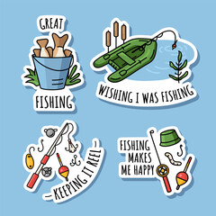 Doodle set of stickers about fishing isolated. Illustrations with equipment for fishing, a fishing rod, boat on the lake.