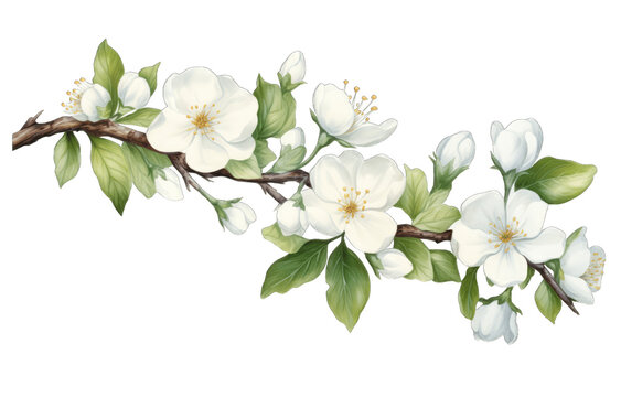 Detailed Magnolia Branch Illustration with White Blossoms on Transparent Background, Ideal for Wedding Invitations and Spring Designs