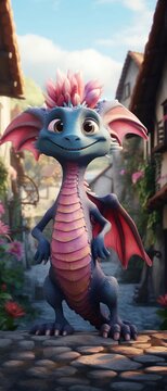 A playful dragon created by a skilled 3D animator in a whimsical fairy tale village